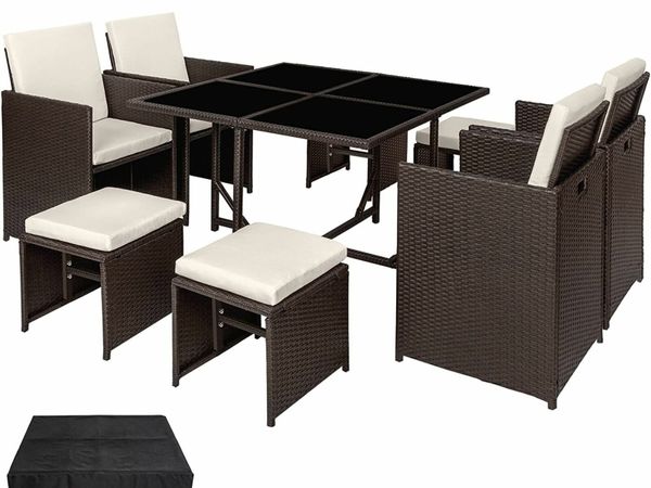 Poly Rattan Cube Set Including Protective Cover and Stainless Steel Screws 4 Chairs 1 Table 4 Stools Various Colours Antique
