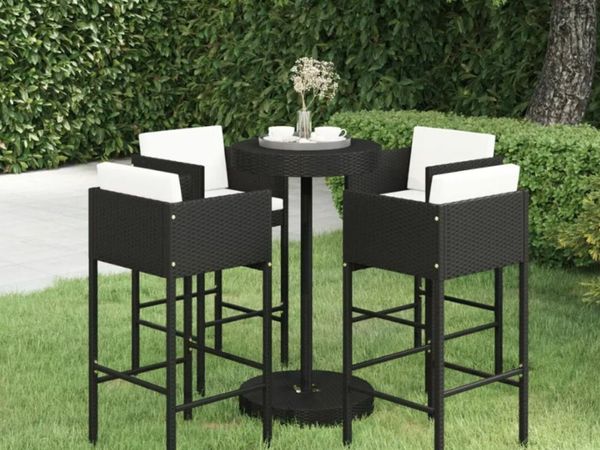 New*LCD 5 Piece Garden Bar Set with Cushions Poly Rattan Black