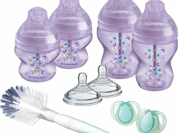 Advanced Anti-Colic Newborn Baby Bottle Starter Kit, Slow-Flow Breast-Like Teats and Unique Anti-Colic Venting System, Mixed Sizes, Purple