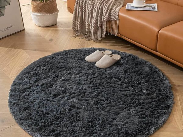 Rugs Living Room Round Rug Grey Fluffy Bedroom Rugs for Room Decor Rugs Bottom Non Slip Rug Washable Rugs Soft Carpet Shaggy Area Rugs for Kids Room Indoor Floor Area Mat by CHOSHOME 120CM
