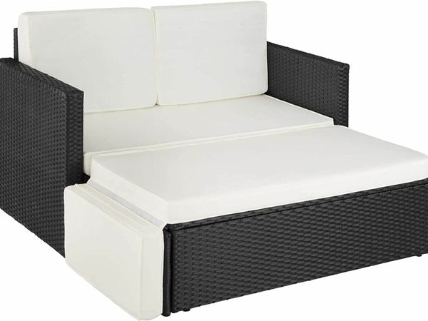 Poly Rattan Lounge Set, 2-seater sofa with backrest, large stool with foldable support, including thick pads, garden furniture set for garden and terrace (Black