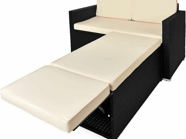 Polyrattan Lounge Ottoman Storage Foldable Support Thick Pad 125x70x77 cm Garden Furniture Set Black