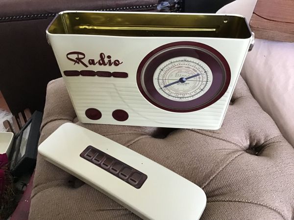 Vintage Tin Box with Handle in the Shape of Radio
