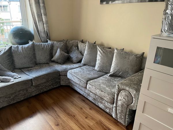 Crushed velvet grey L shaped sofa