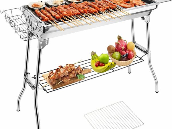 BBQ Grill, Stainless Steel Barbecue Grill with Stand, Foldable and portable outdoor charcoal bbq, suitable for 5-10 People (Round-vent)