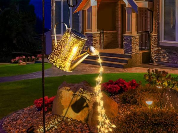 Solar Watering Can Lights Garden Ornaments - Waterproof Copper Outdoor Sculptures Ornament Star Led Fairy Art Decorative Lamp Hanging Yard (with Bracket)