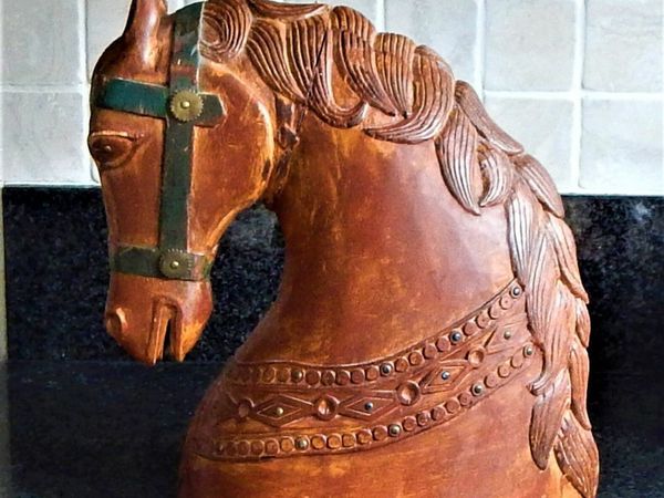 Vintage, large, beech wood hand carved horse head sculpture