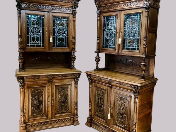 Pair of Arts and Crafts Antique Oak Stain Glass Cabinet Bookcases