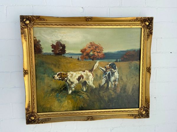 Superb Oil on board-Shooting Dogs in gilt frame