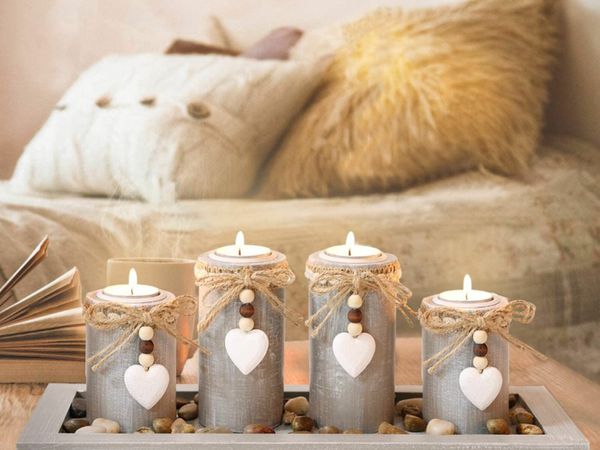 Candle Holder Set of 4 with Wodden Tray, Tealight Holders Vintage Candlestick Holder, Table Centerpiece Home Decor Living Room Bedroom Decoration Wedding Birthday Christmas Party Ornaments