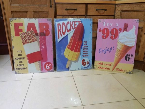 3 x 1960's Style Metal Ice cream Signs