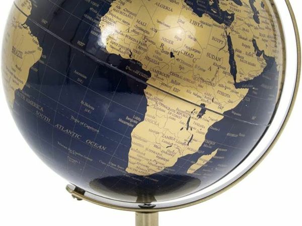 Vintage Rotating Gold and Blue World Globe with Metal Stand for Your Desk/Office, 19cm