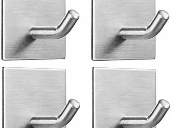 Heavy Duty Adhesive Hooks, Stick on Wall Adhesive Hangers, Strong Stainless Steel Holder, Self Adhesive Hooks for Kitchen Bathroom Home Door Towel Coat Key Robe 4 Packs Silver