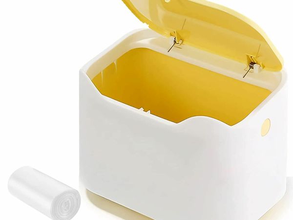 Mini bin bathroom bin tea bag bin with lid for tabletop, office desktop, bathroom countertop, Small bin in yellow and white color