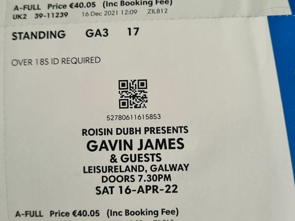 2x tickets to Gavin James in Leisureland Galway Friday 30th September