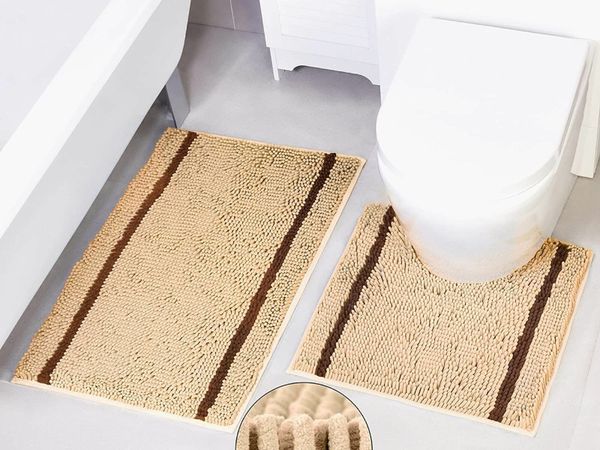 Bathroom Mats Sets 2 Pieces - Non Slip Bath Mat for Bathroom Floor - Camel Bath Mat Sets Washable, Thick and Ultra Fluffy - U-Shape Bath and Pedestal Mat Sets - Super Absorbent Toilet Mat
