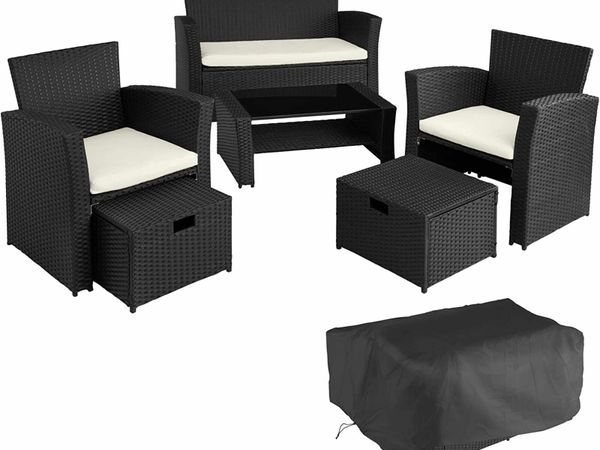 Poly-rattan Garden / Balcony / Patio Set for 4 People with Stool, Storage Compartment Under Sofa Seat, Table with Shelf, 800719 incl. Cushions Black