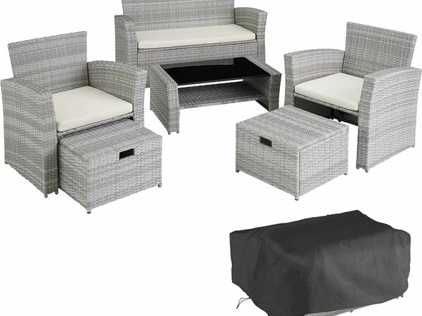 Poly-rattan Garden / Balcony / Patio Set for 4 People with Stool, Storage Compartment Under Sofa Seat, Table with Shelf, 800719 incl. Cushion Light Gray