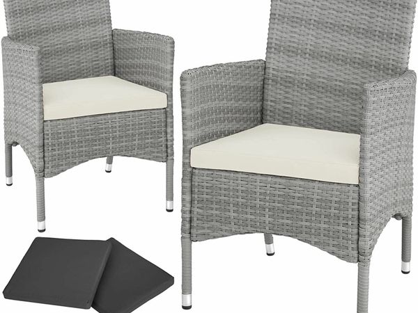 Set of 2 poly rattan garden chairs including cushions and 2 cover sets & stainless steel screws, light grey