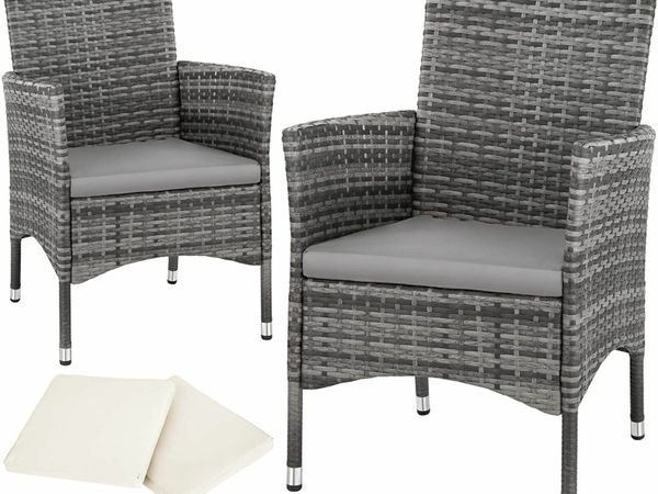 Set of 2 poly rattan garden chairs including cushions and 2 cover sets & stainless steel screws, grey