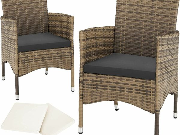 Set of 2 poly rattan garden chairs including cushions and 2 cover sets & stainless steel screws, natural