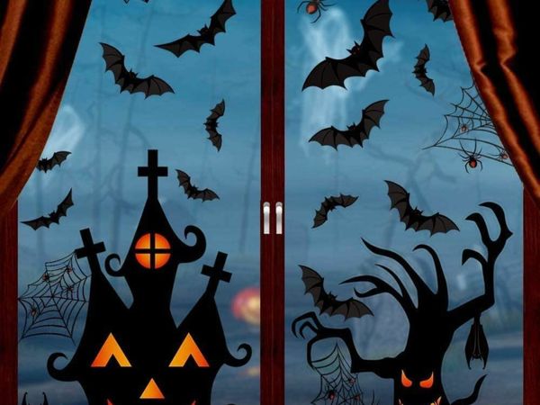 Halloween Window Clings Stickers, 7Sheet Halloween Bats Spiders Window Cling Sticker Decal for Halloween Window Decoration