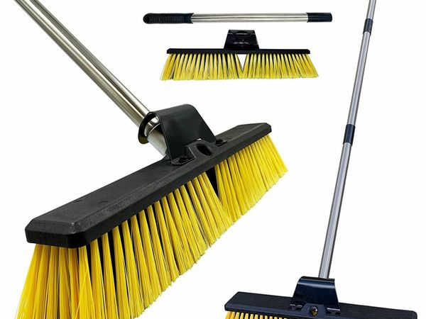 Heavy Duty Garden Broom Outdoor 18" Stiff Hard Brush & Metal Handle for Sweeping Your Yard, Garden & Decking