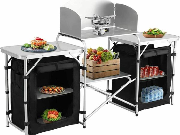 Kitchen Table/Cabinet Camping Large Sturdy Portable Folding Cooking Storage Rack Zippered Bag Outdoors Windproof Black