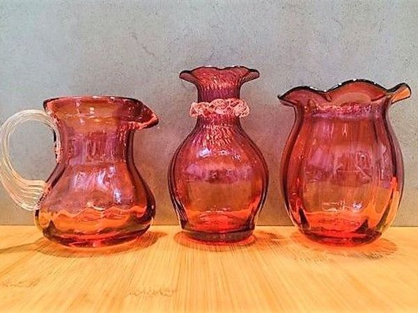 Three Collectable, Vintage American Pilgrim Glass Cranberry Pieces