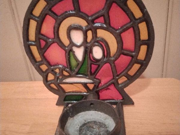 Vintage metal and stained glass candle holder