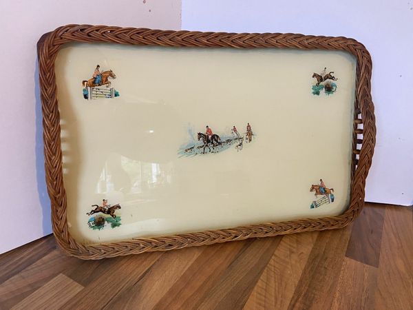 Vintage 1960's Wicker work & Glass Equine Tray