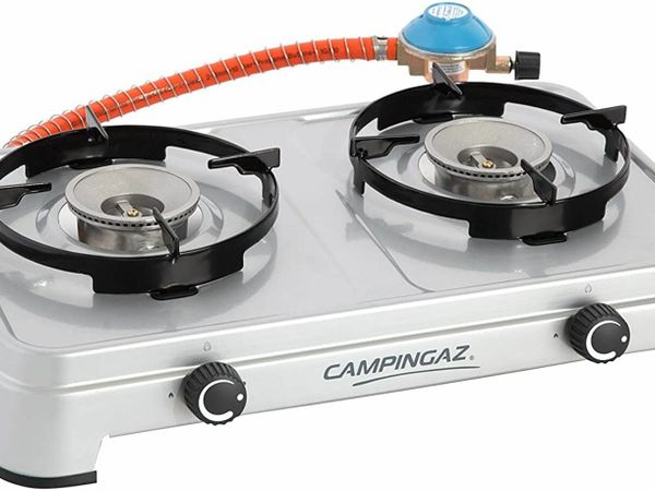 Camping Cook CV Gas Stove, 2-Burner, Camping Stove, Operation with Gas Cartridge, Portable Gas Stove with 3600 W, Cartridge Stove with 2 Infinitely Adjustable Hotplates