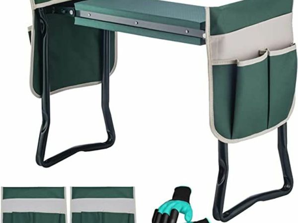 Multi Purpose Garden Kneeler Portable Folding Seat 2 in 1 Gardening Bench W/ Handles 2 Tool Pouches, Kneeling Cushion, Gloves Easy To Carry And Foldaway Green