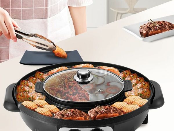 BRAND NEW 2 in 1 Electric Hot Pot BBQ Grill 2200W Multifunction Portable Home Non-Stick Split Pot Smokeless Skillet Barbecue Pan