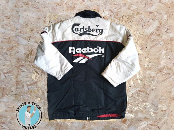 FREE POST Vintage Liverpool Managers Jacket 1996 Reebok Carlsberg Black Cream Bench Coat