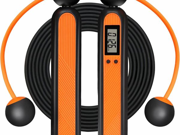 Skipping Rope，Cordless Jump Rope with Counter Smart Calorie Display Ball Bearing, Tangle-free Adjustable Skipping Rope for Home Gym Workout Crossfit Boxing Exercise for Men Women Kids, Orange