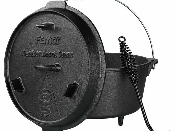 Femor Dutch Oven BBQ Oven Pot 4.8 L Cast Iron Cooking Pot Roasting Pan Also For Gas Grill Plus A Lid Lifter 24cm