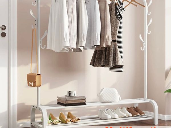 NEW White Metal Clothes Rail Rack with Shelves