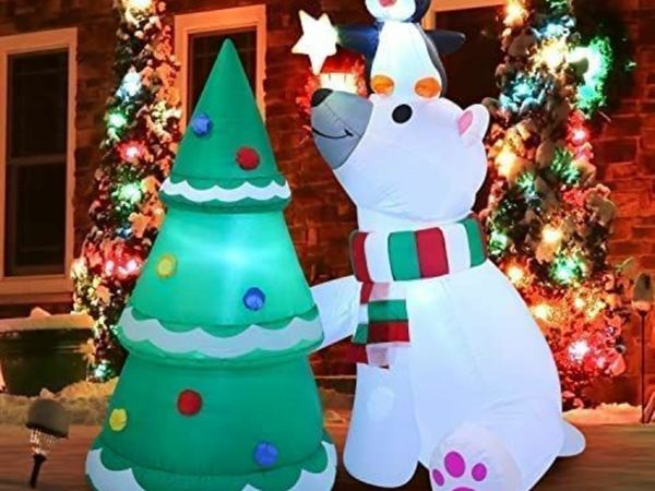 Christmas Inflatable Decoration 6 ft Polar Bear Christmas Tree Inflatable with Build-in LEDs Blow Up Inflatables for Christmas Party Indoor, Outdoor, Yard,