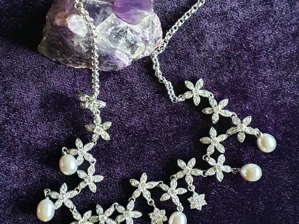 Pearl, CZ and Sterling Silver Flower Necklace