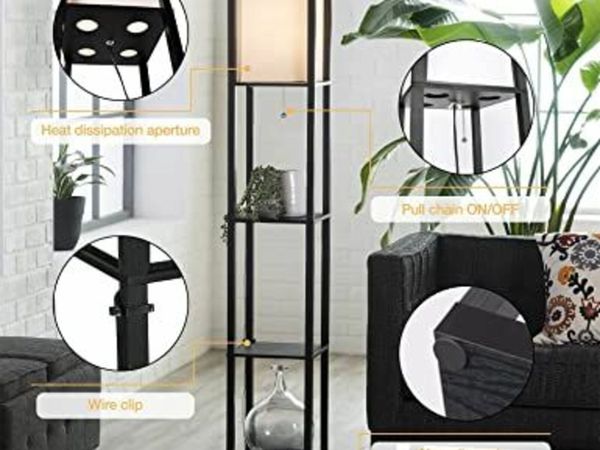 PULUOMIS Floor Lamp with Shelves, 3 Layers Wooden Shelf Standing Light, Modern Reading Lamp for Bedroom, Living Room, Office, Home Decoration (Size:26x 26x 160 cm) (Without Bulb)-Black