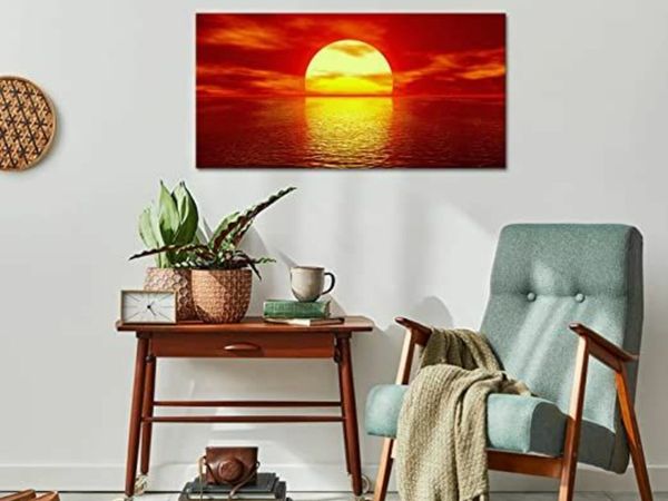 Canvas Prints Wall Art Red Sun Seascape Sea Pictures Giclee Paintings on Canvas Gallery Wrapped Ocean Wall Decor Sunset Artwork for Walls Kitchen Bathroom Home Office Decoration 20x40inch