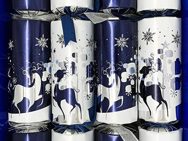Crackers Ltd Box of 4 Snowy Forest at Midnight Christmas Blue and Silver Reindeer design with Pewter Pets