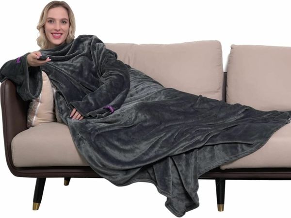 Winthome Wearable Blanket with Sleeves. Soft and Warm for Sofa Lovers. Two Sizes, with Elastic Cuffs, Hook and Loop Fastener (Grey, 140x170cm)