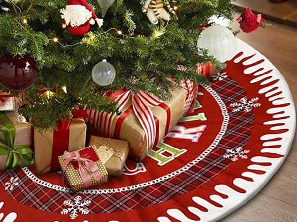 36 Inch Christmas Tree Skirt - Red Letter Snowflake Base Cover Home Decoration for X-mas New Year Thanksgiving Party Decor