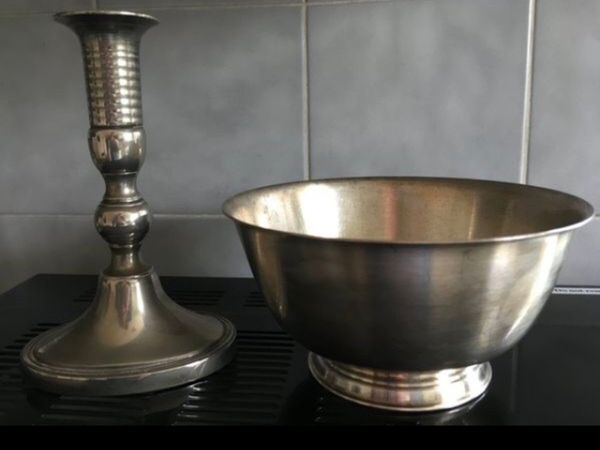 Silver candle holder and silver bowl