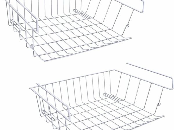 Under Shelf Storage Basket, m zimoon Under Cabinet Hanging Metal Wire Storage Wire Basket Organizer Fit Dual Hooks for Kitchen Pantry Desk Bookshelf Cupboard (2pcs, White)