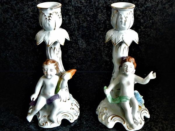 Pair of Vintage PMP Schierholz porcelain hand painted candlesticks, made in GDR