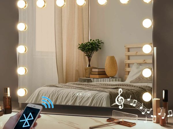 Hollywood Vanity Mirror with Bluetooth and USB Port, 3 Color Modes Adjustable Brightness Mirror, Rotation Lighted Vanity Mirror 15pcs LED Bulbs 10X Magnified Tabletop Makeup Mirror