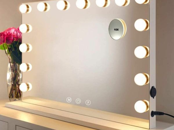Large Vanity Mirror with Lights, Lighted Makeup Mirror with 15pcs Dimmer Bulbs, Hollywood Style Large Vanity Mirror with 3 Color Lights, 10X Magnifier —White